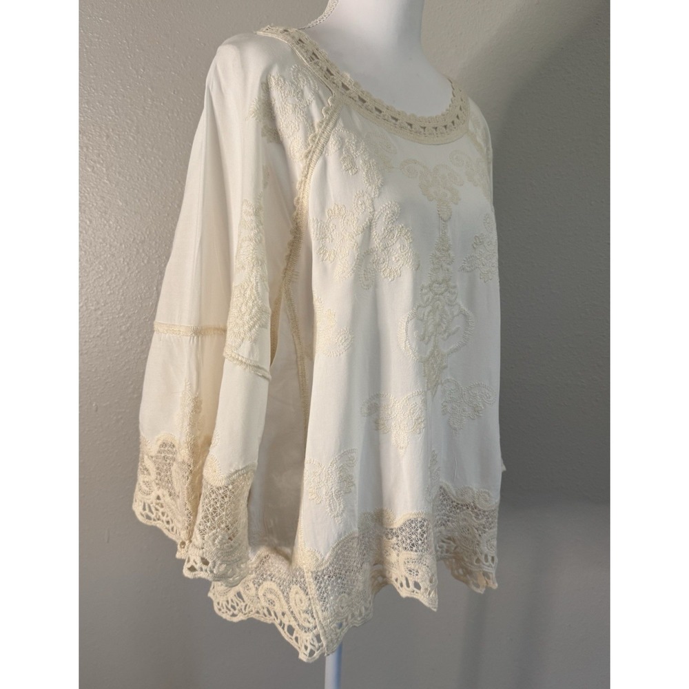 Democracy Embroidered Rayon Boho Peasant Top Crochet Lace Bell Sleeve L - Picture 6 of 10